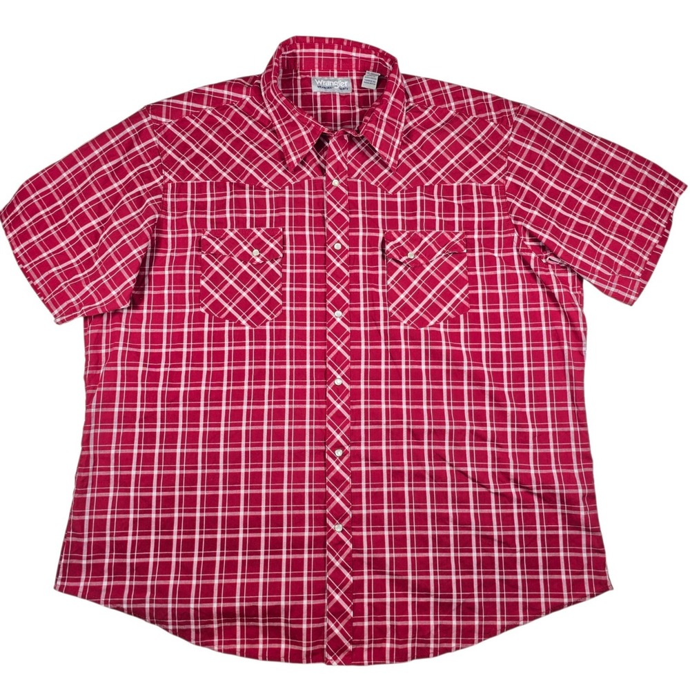 Wrangler Wrancher Red White Plaid Short Sleeve Western Pearl Snap Shirt Mens XXL